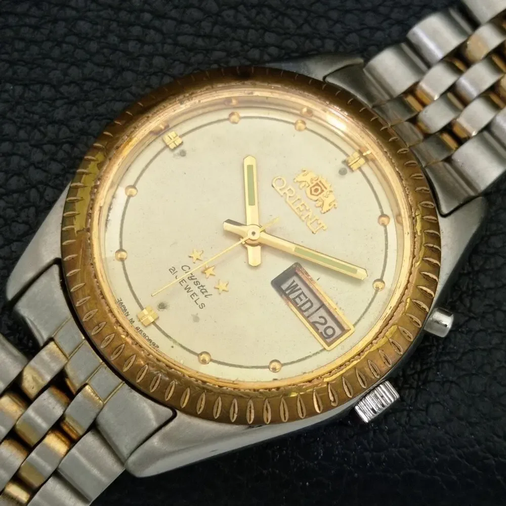 Vintage 1989 Orient Automatic Mens Silver Watch W/daydate & Gold accents